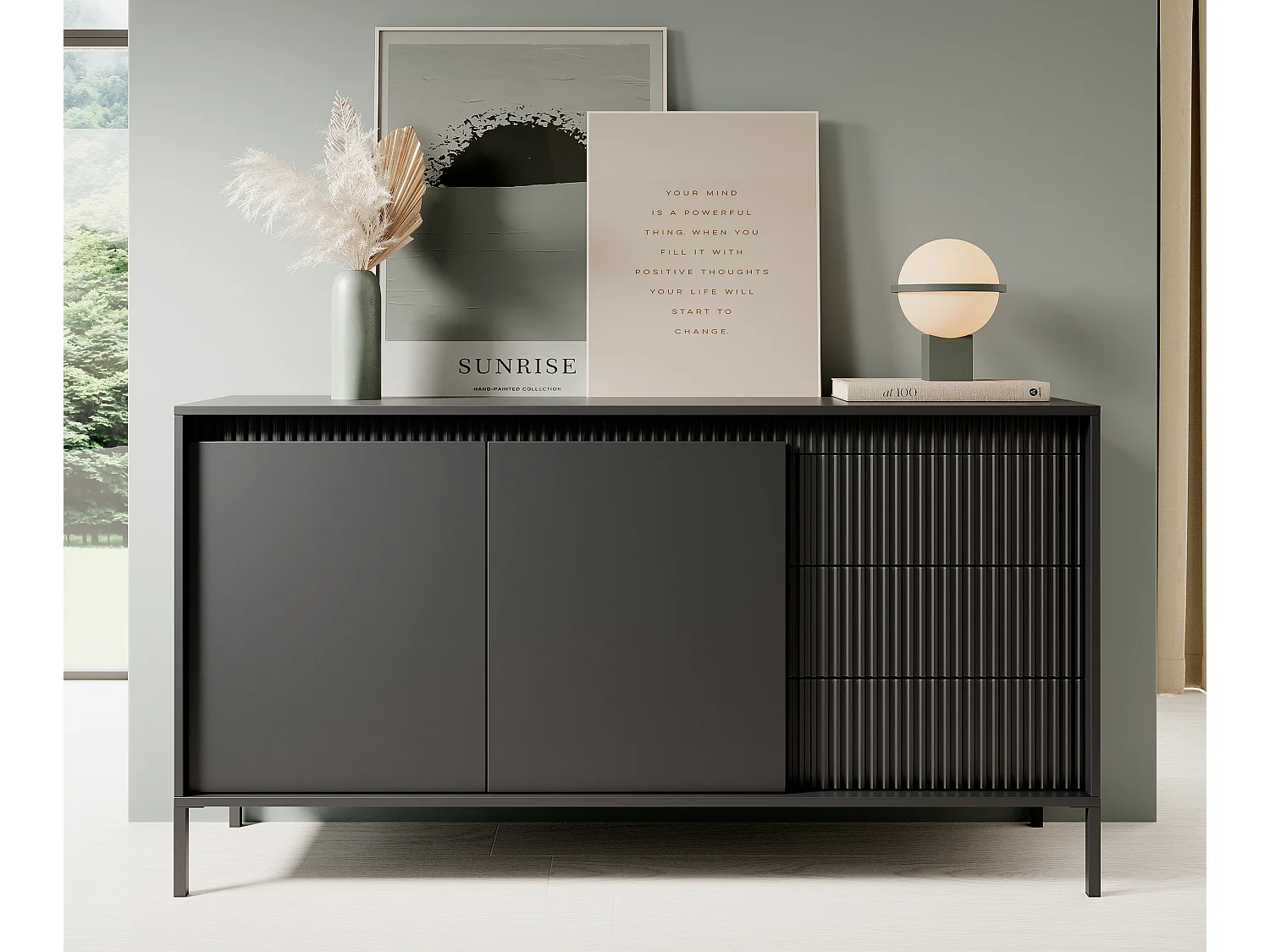 AX LIVING Trentinis 153 2D3S Schwarzes Sideboard, 153,5 cm geriffeltes