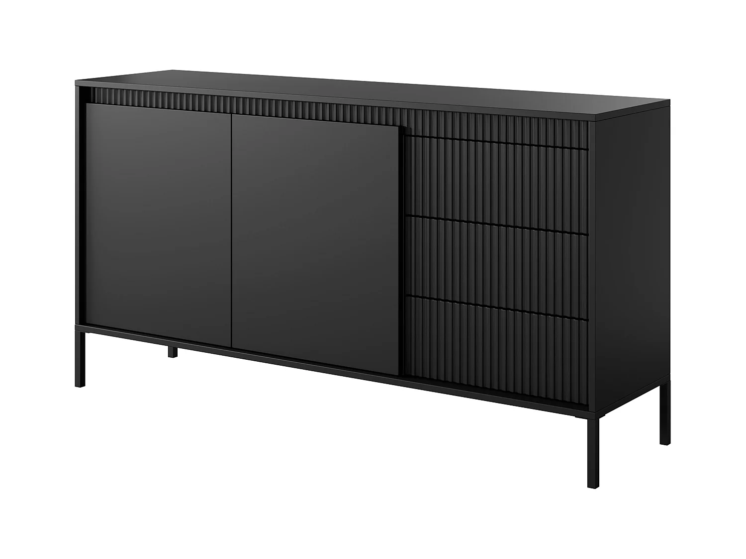 AX LIVING Trentinis 153 2D3S Schwarzes Sideboard, 153,5 cm geriffeltes