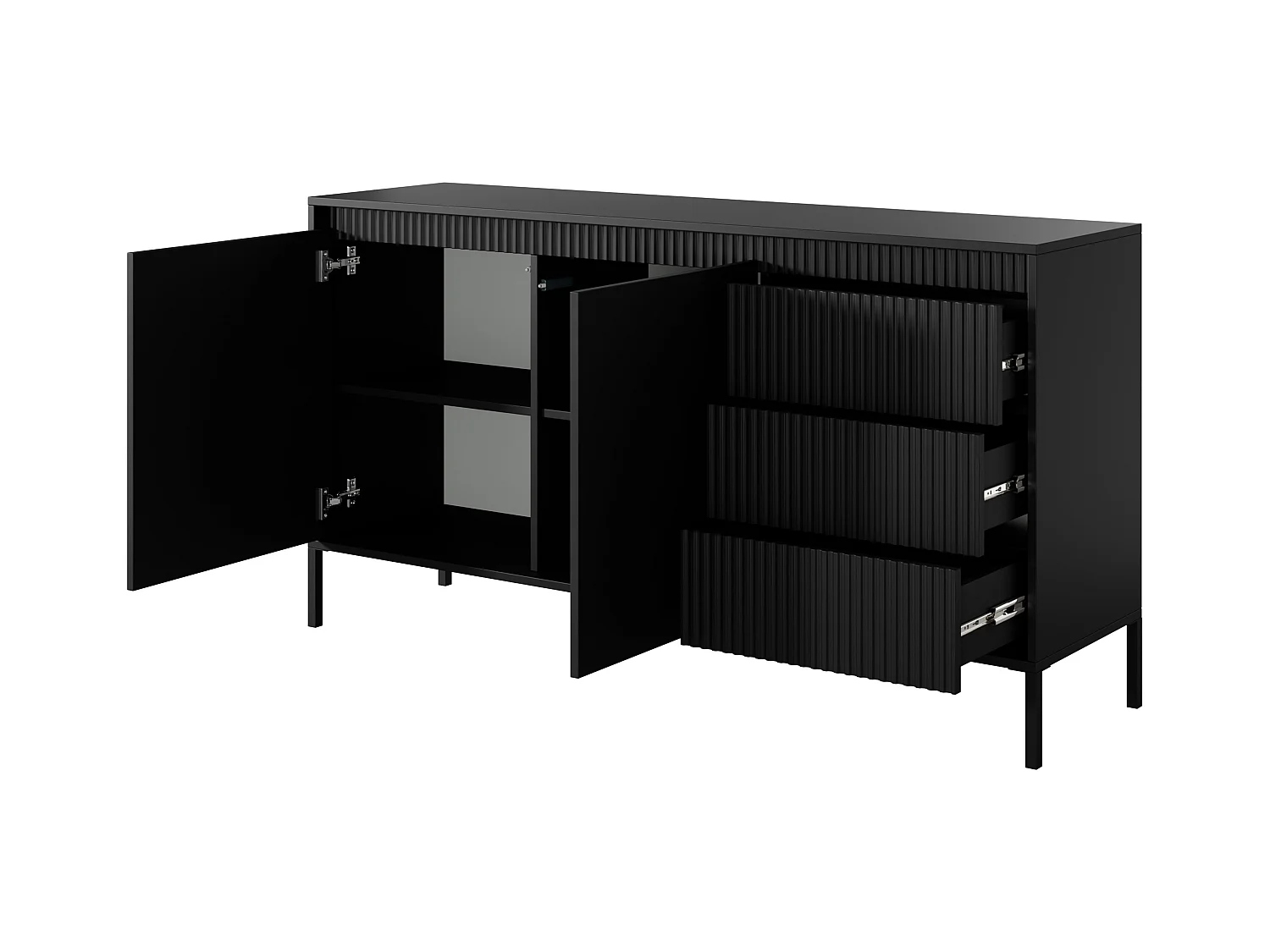 AX LIVING Trentinis 153 2D3S Schwarzes Sideboard, 153,5 cm geriffeltes