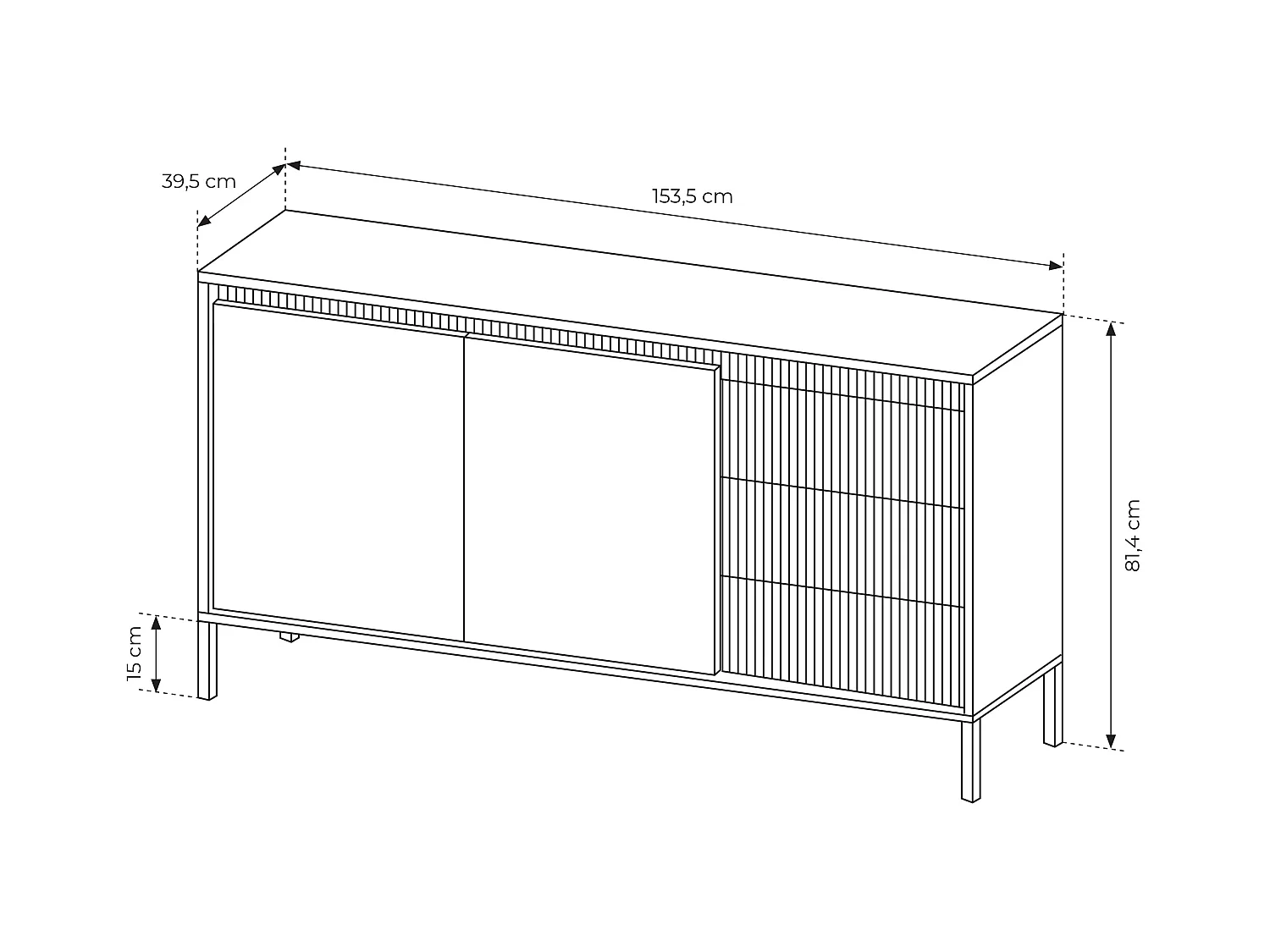 AX LIVING Trentinis 153 2D3S Schwarzes Sideboard, 153,5 cm geriffeltes