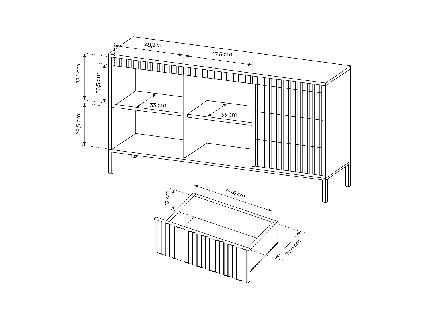 AX LIVING Trentinis 153 2D3S Schwarzes Sideboard, 153,5 cm geriffeltes