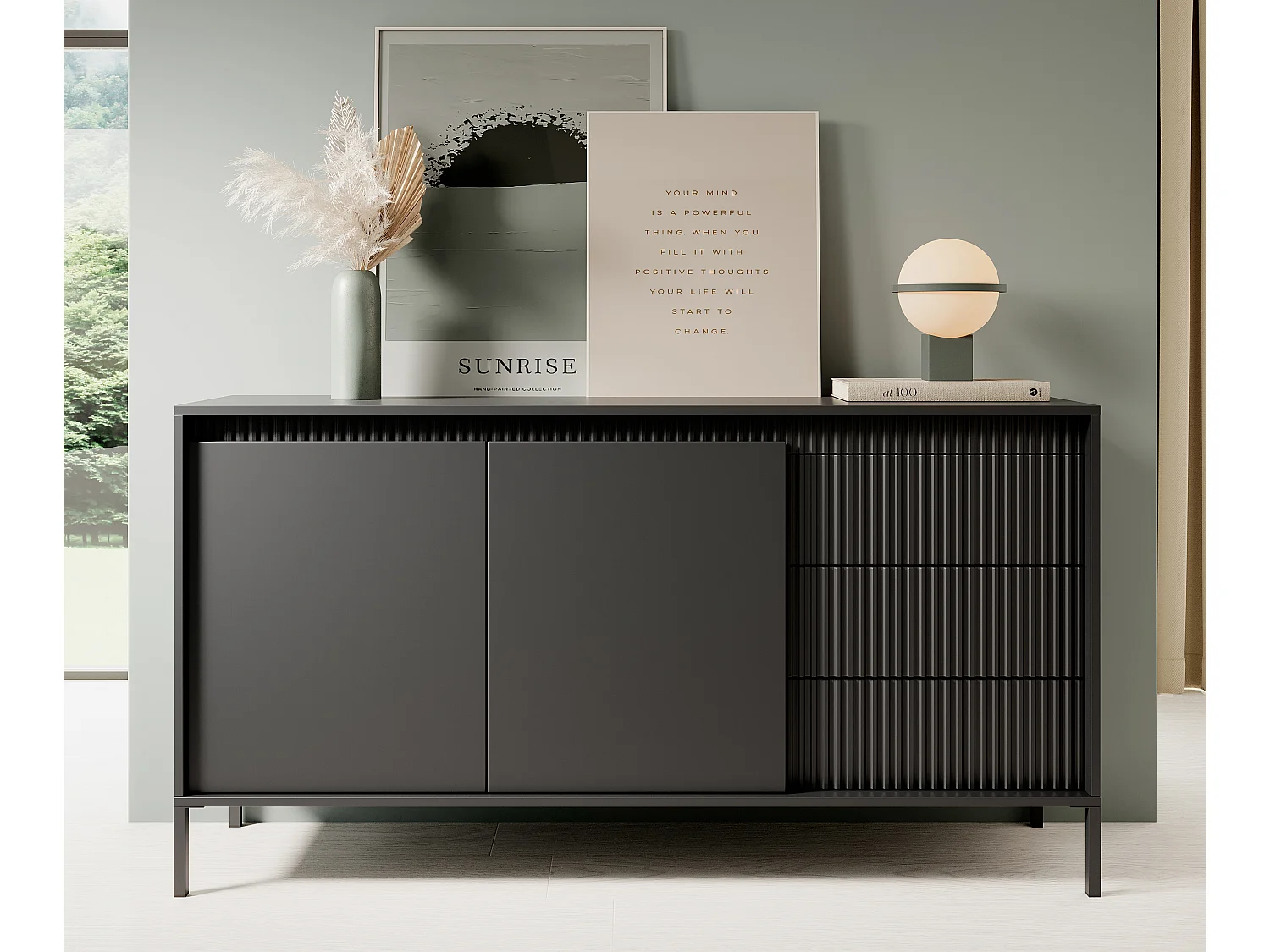 AX LIVING Trentinis 153 2T3S Schwarzes Sideboard, 153,5 cm geriffeltes