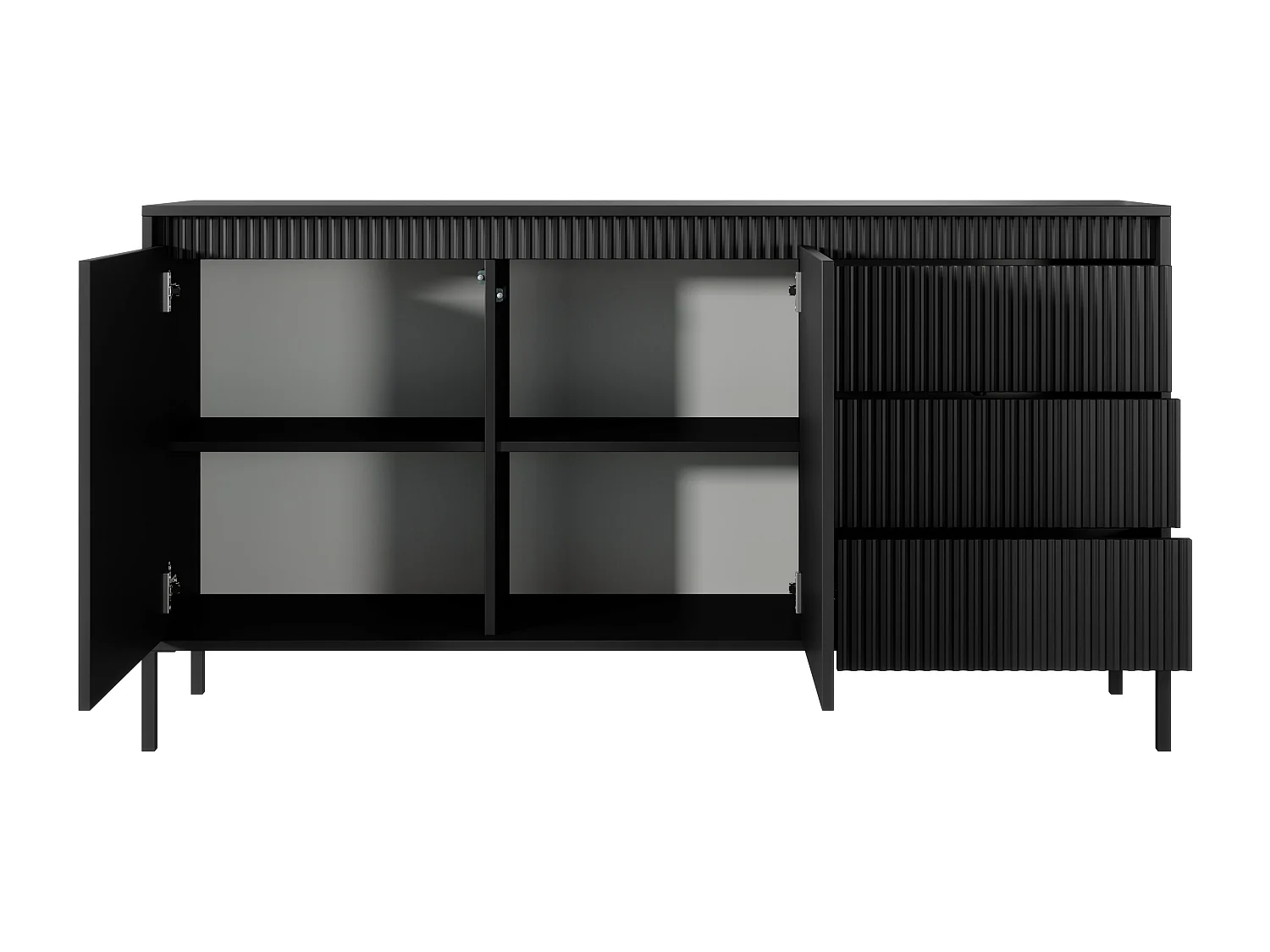 AX LIVING Trentinis 153 2T3S Schwarzes Sideboard, 153,5 cm geriffeltes