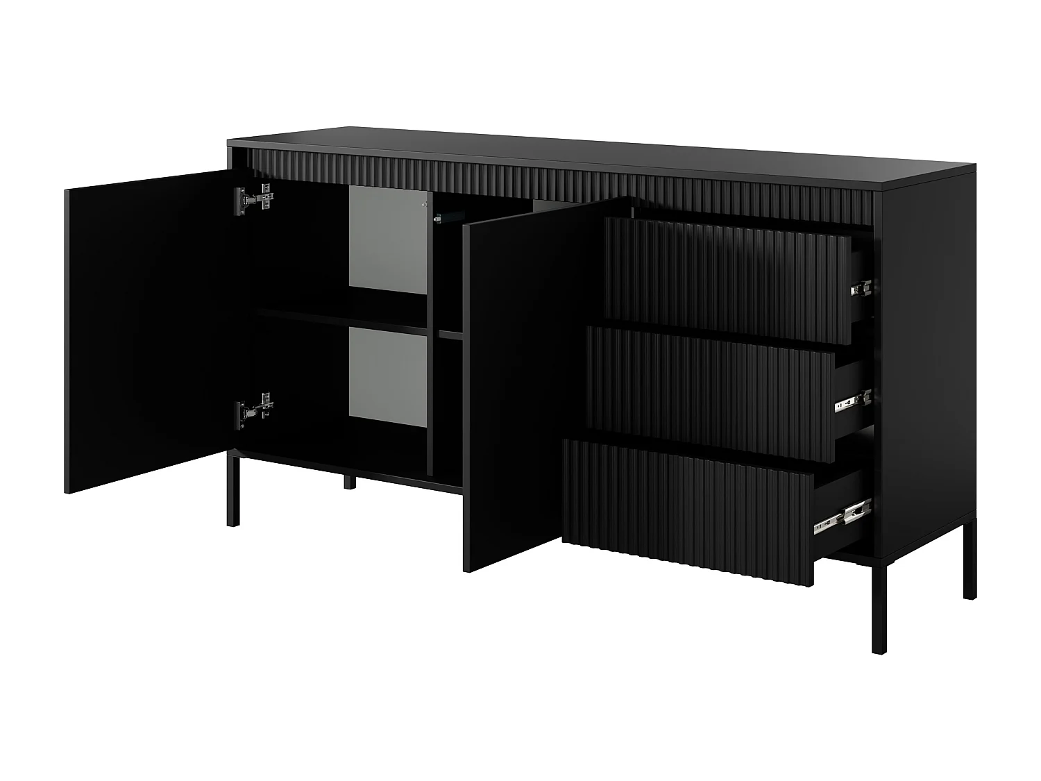 AX LIVING Trentinis 153 2T3S Schwarzes Sideboard, 153,5 cm geriffeltes