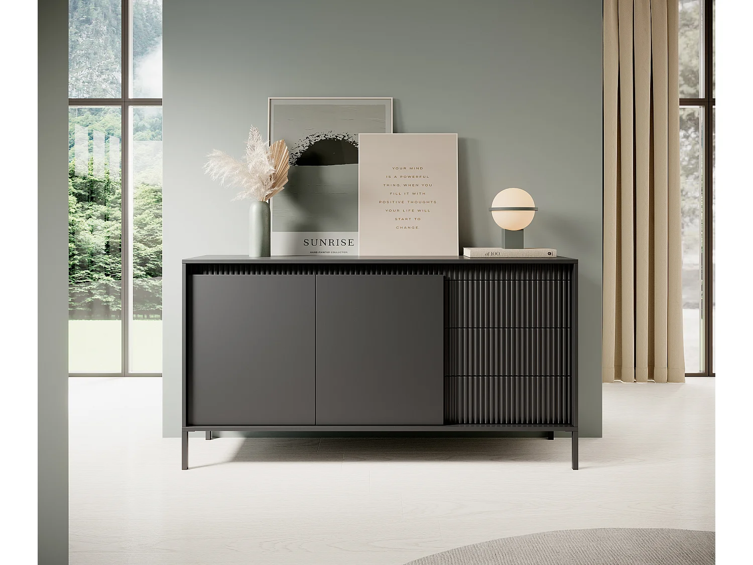 AX LIVING Trentinis 153 2T3S Schwarzes Sideboard, 153,5 cm geriffeltes