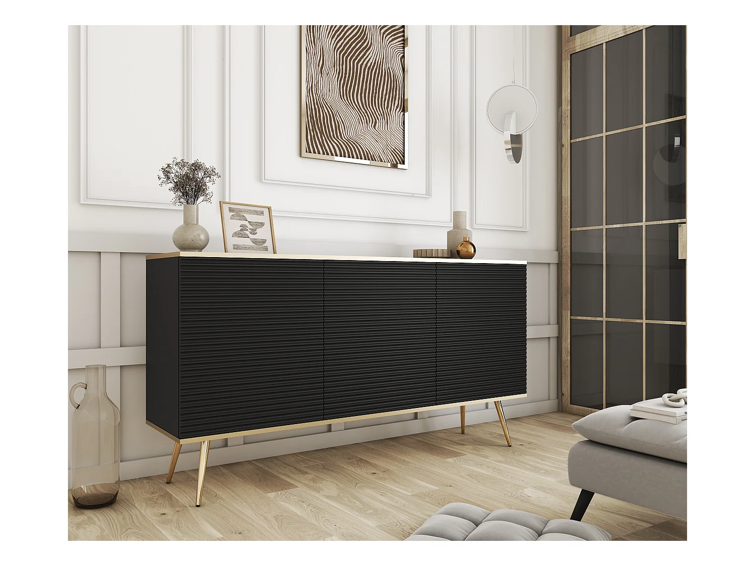 Buffet noir glamour avec pieds dorés, 160 x 85 x 39