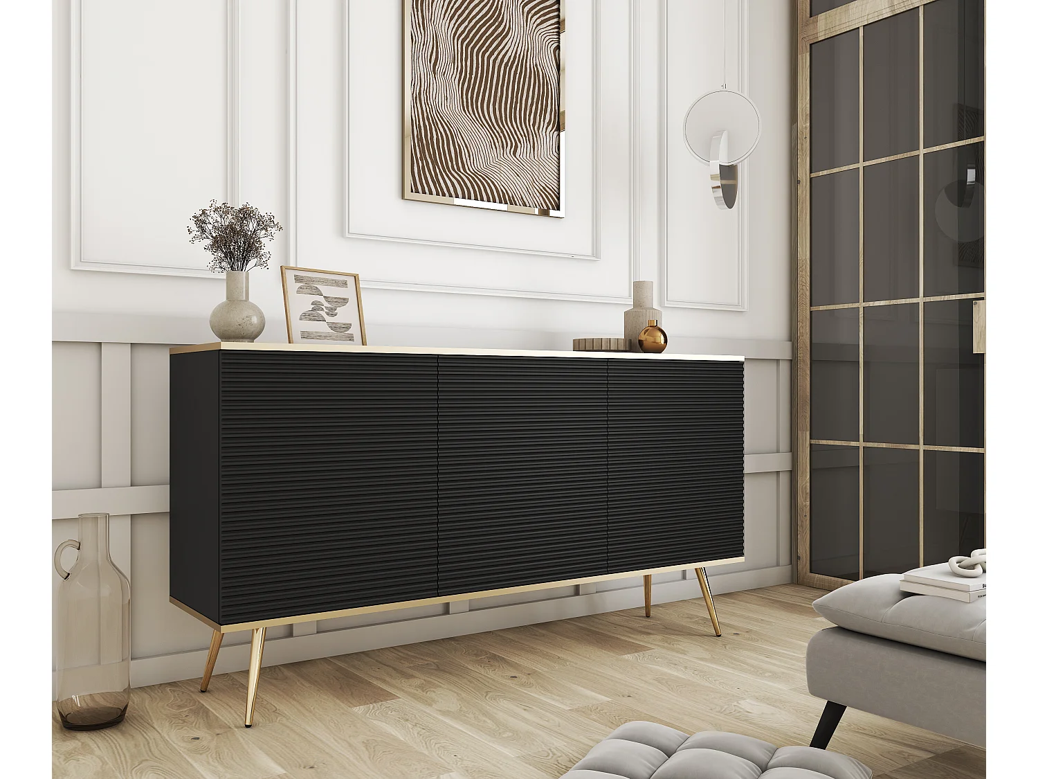 Buffet noir glamour avec pieds dorés, 160 x 85 x 39