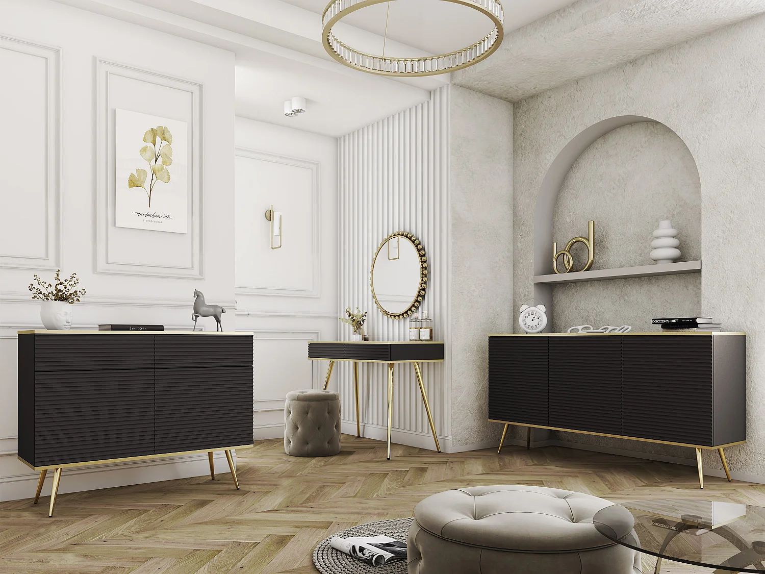 Glamoureus zwart dressoir met gouden poten, 160 x 85 x 39