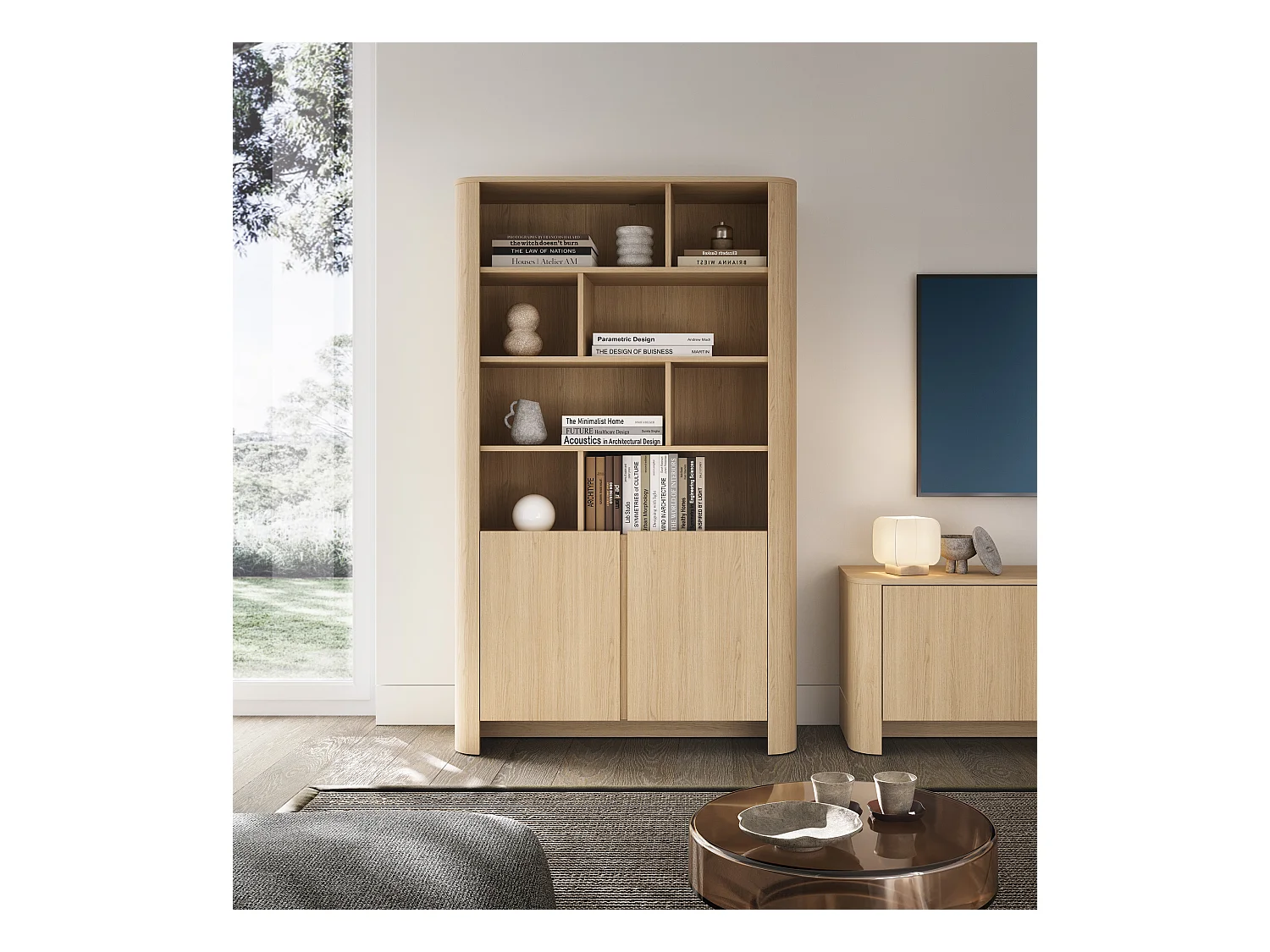 Bibliothèque, Chêne Vicenza, 103 x 39 x 160 cm, Meuble moderne aux bords arrondis
