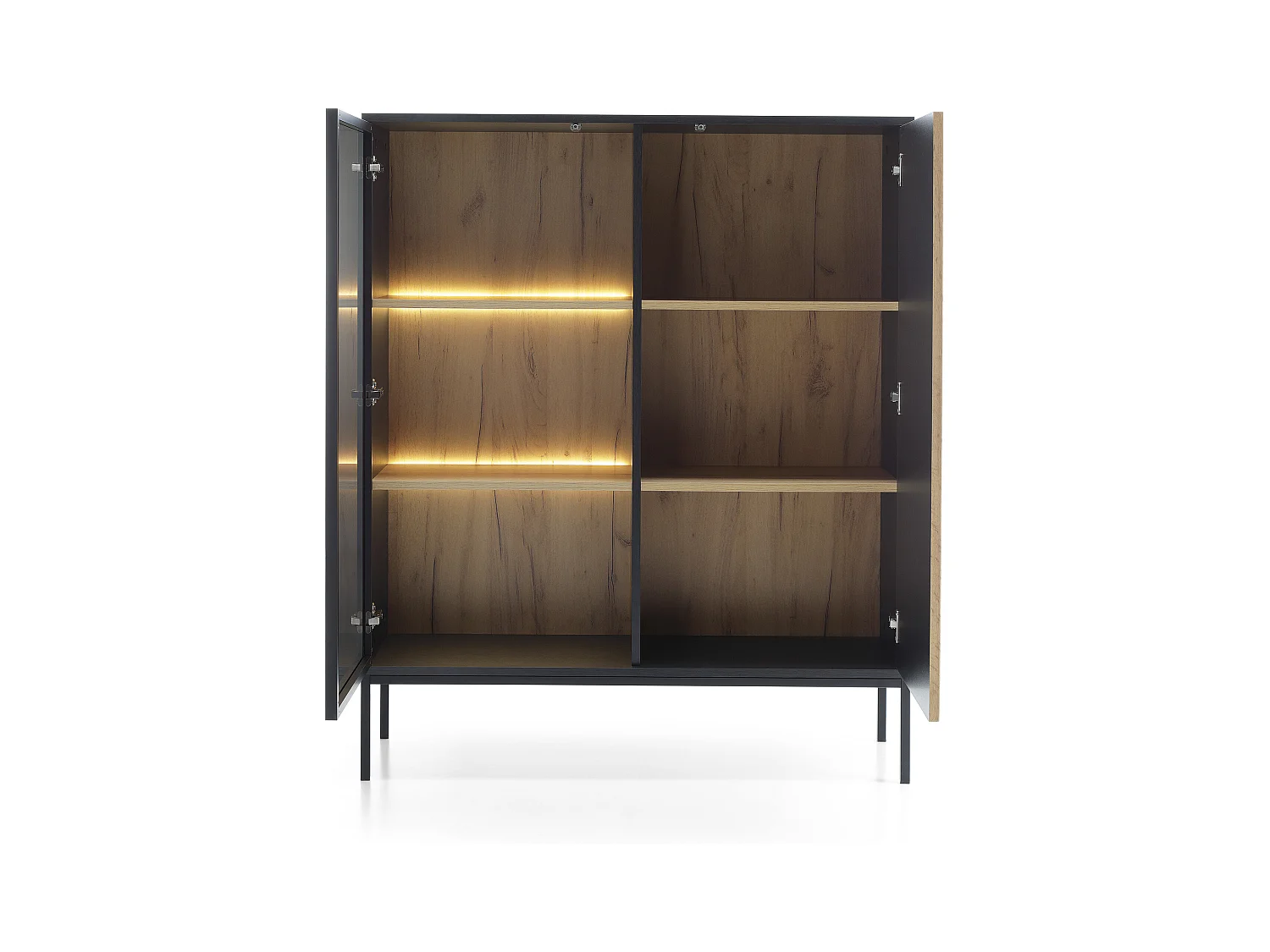 Vitrine basse moderne à façade cannelée, 104 x 126 x 39 cm, Noir / Chêne Wotan