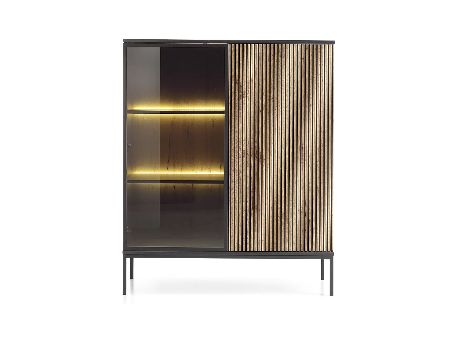 Moderne niedrige Vitrine mit geriffelter Front, 104×126×39 cm, Schwarz / Wotan Eiche
