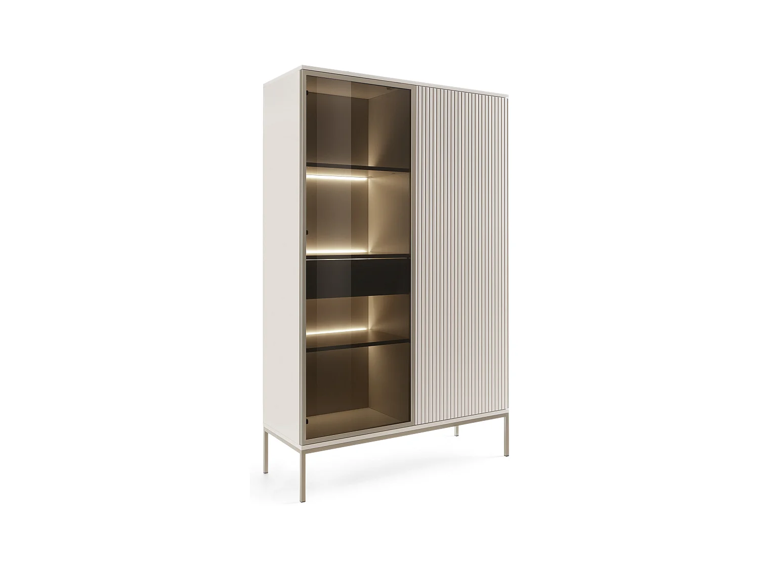 Vitrine haute moderne à façade cannelée, 104 x 166 x 39 cm, Cachemire / Or