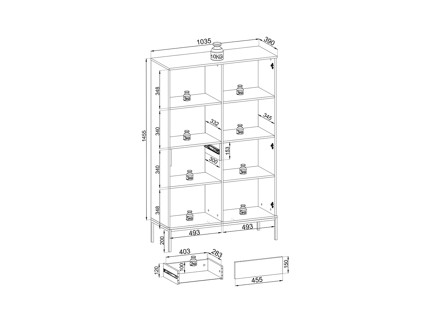 Vitrine haute moderne à façade cannelée, 104 x 166 x 39 cm, Cachemire / Or