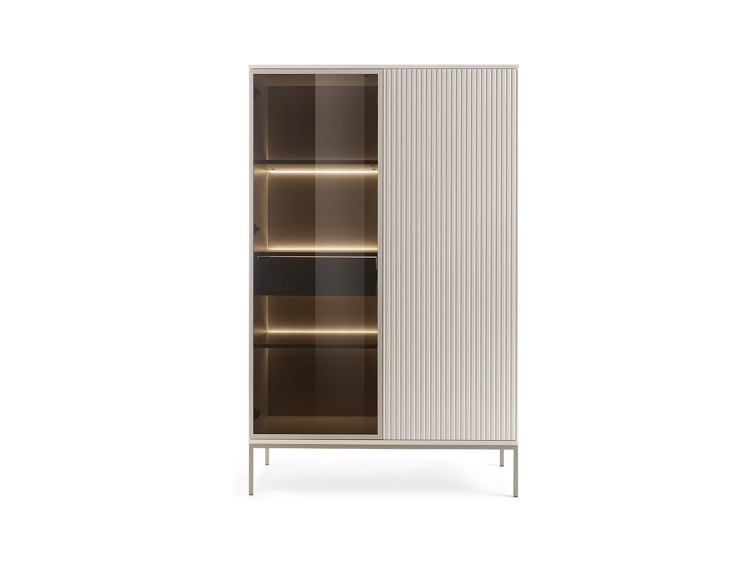 Moderne hohe Vitrine mit geriffelter Front, 104×166×39 cm, Kaschmir / Gold