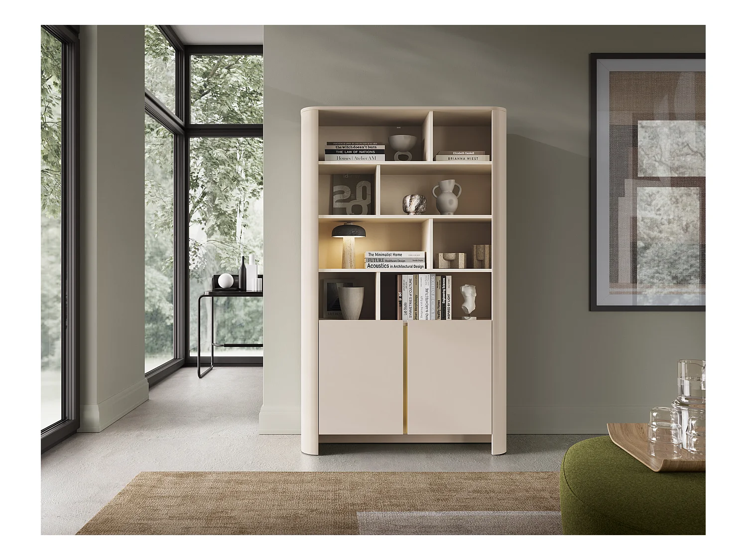 Bibliothèque, Cachemire, 103 x 39 x 160 cm, Meuble moderne aux bords arrondis