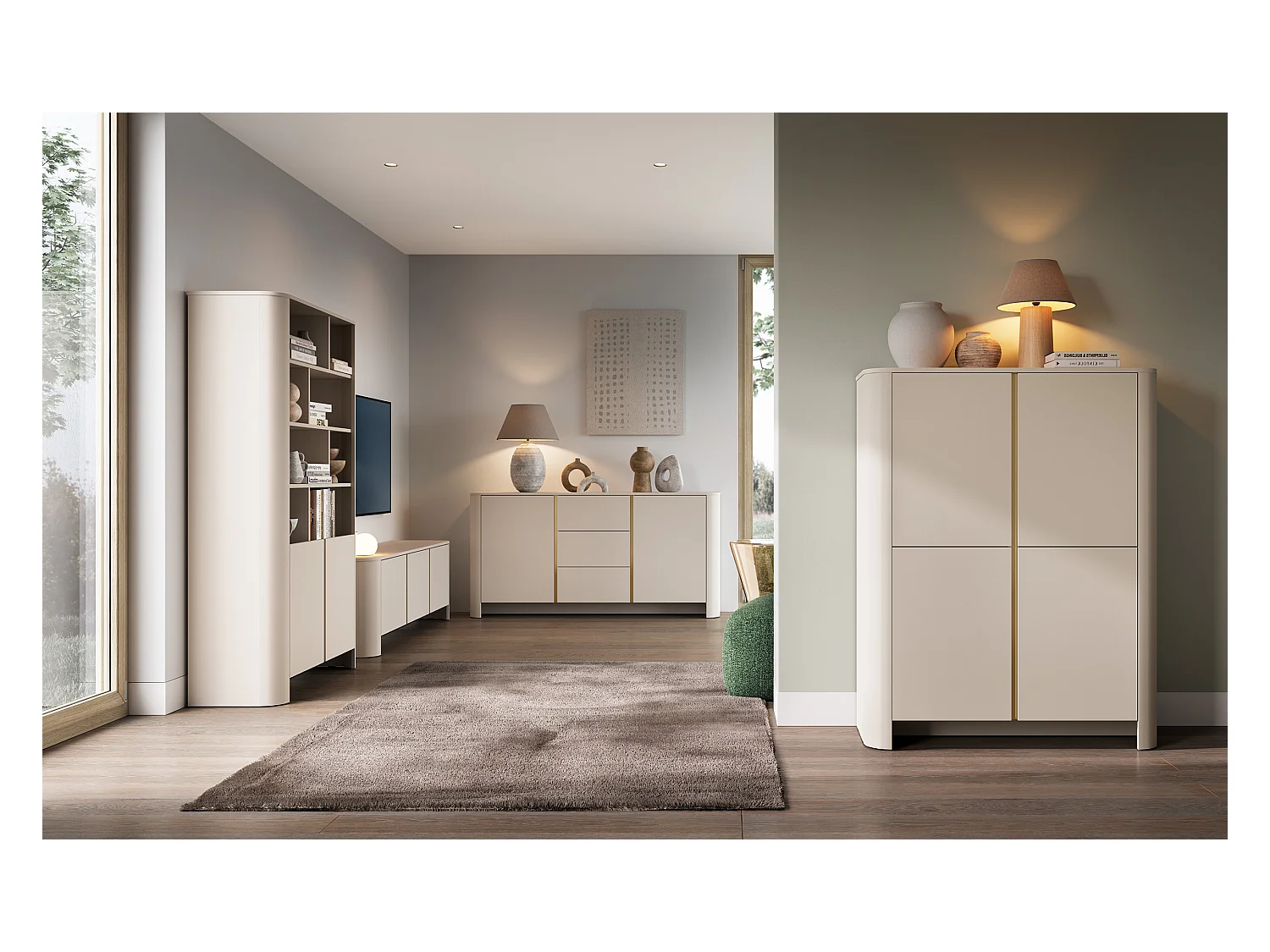 Bibliothèque, Cachemire, 103 x 39 x 160 cm, Meuble moderne aux bords arrondis