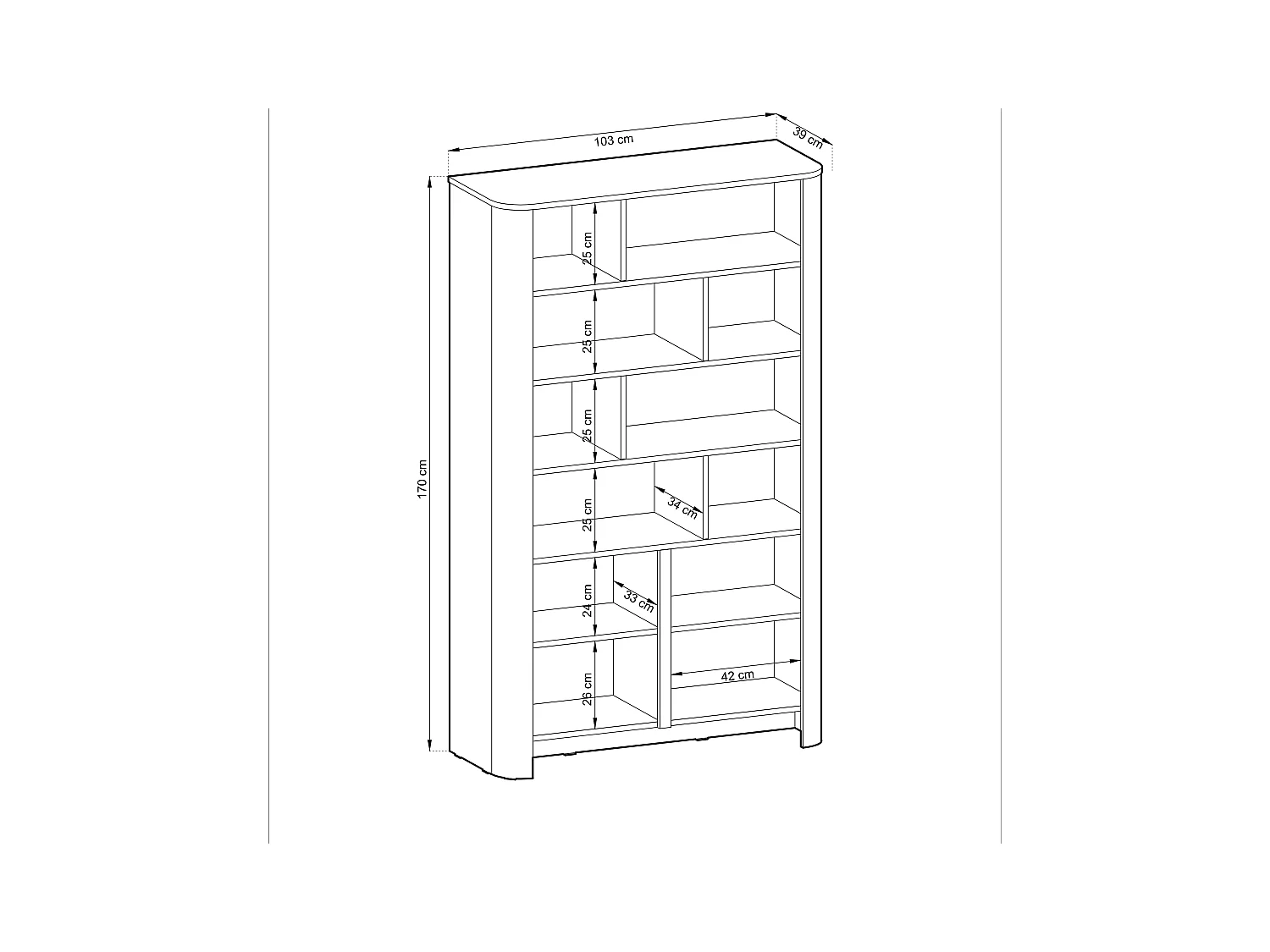 Bibliothèque, Cachemire, 103 x 39 x 160 cm, Meuble moderne aux bords arrondis
