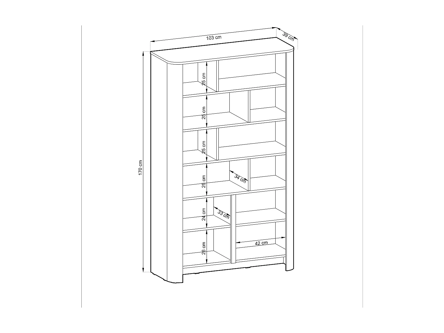 Boekenkast, Kasjmier, 103 x 39 x 160 cm | Moderne meubels met afgeronde hoeken