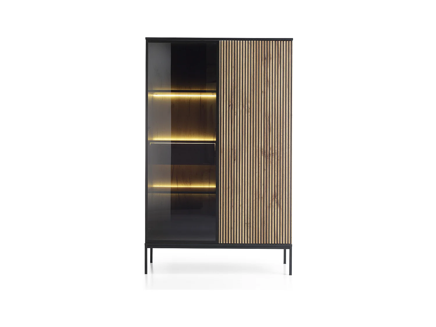 Moderne hohe Vitrine mit geriffelter Front, 104×166×39 cm, Schwarz / Wotan Eiche