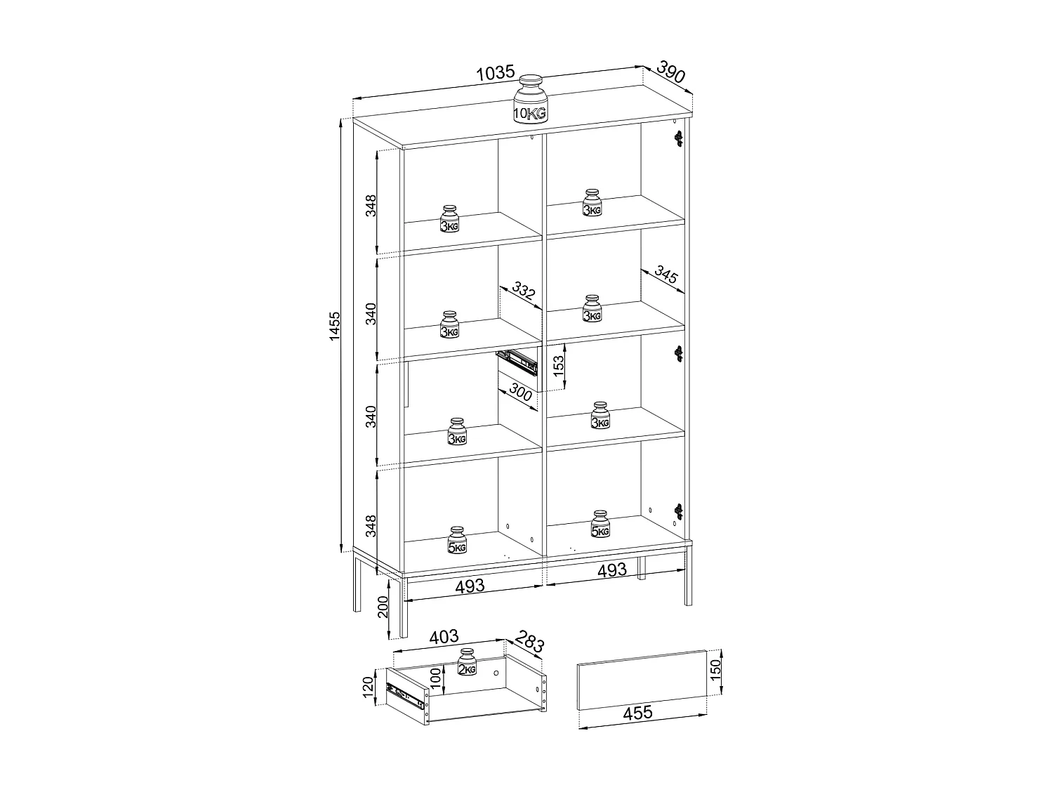 Moderne hoge vitrinekast met gecanneleerde voorkant, 104×166×39 cm, Zwart / Wotan Eiken