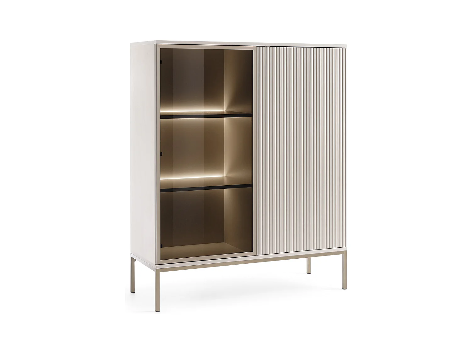 Vitrine basse moderne à façade cannelée, 104 x 126 x 39 cm, Cachemire / Or