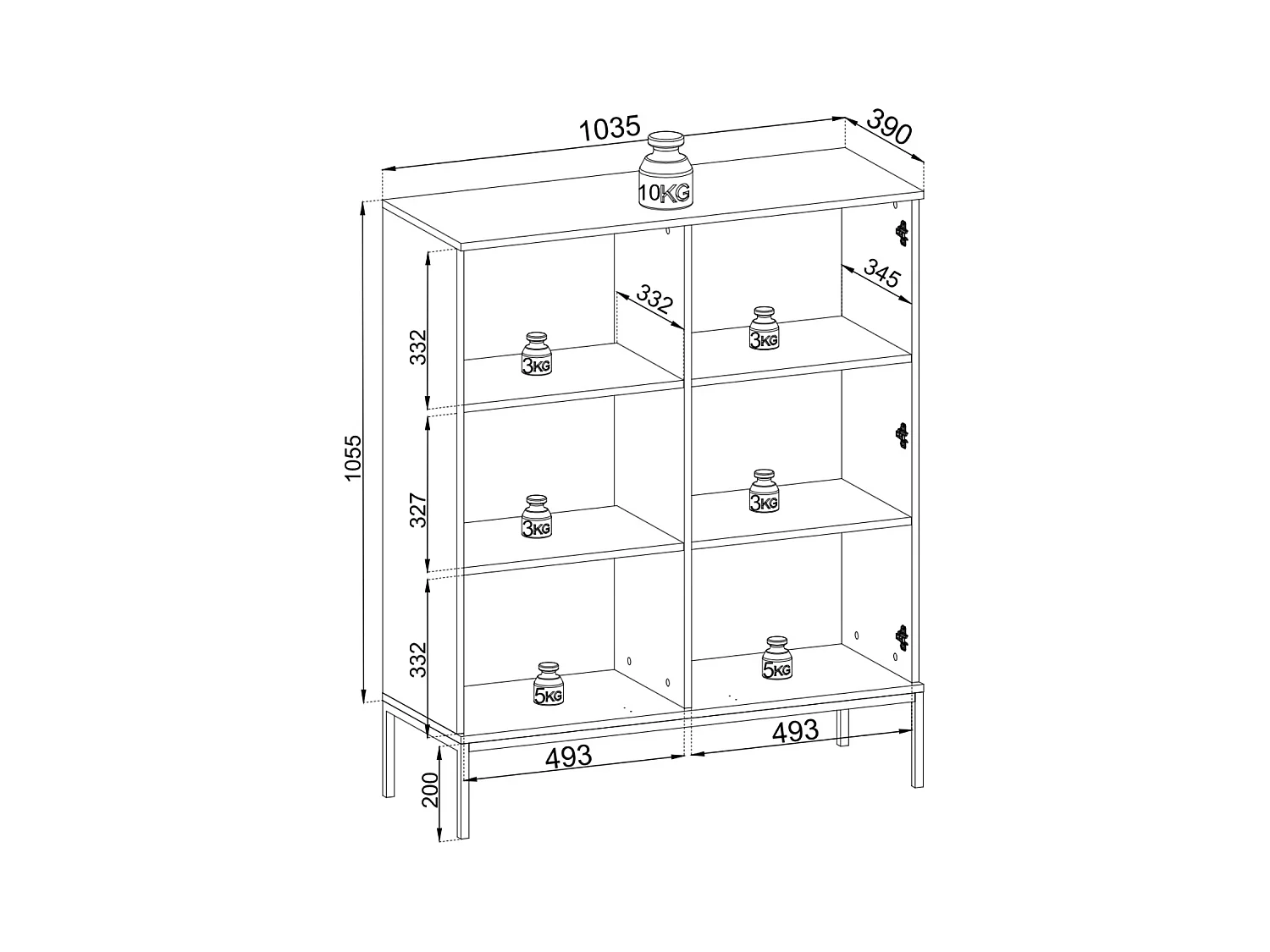 Vitrine basse moderne à façade cannelée, 104 x 126 x 39 cm, Cachemire / Or