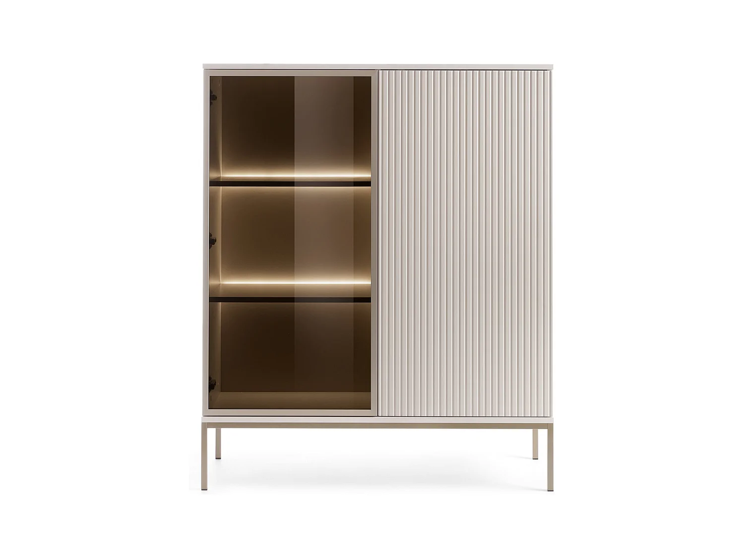 Moderne niedrige Vitrine mit geriffelter Front, 104×126×39 cm, Kaschmir / Gold