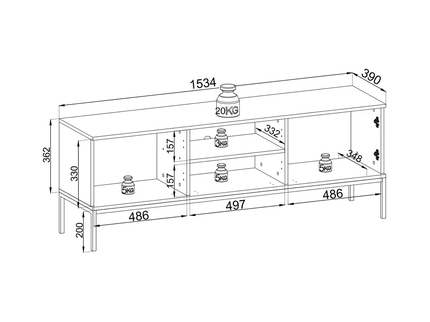 Moderne tv-standaard met gecanneleerde voorkant, 154×56×39 cm, zwart / Wotan eiken