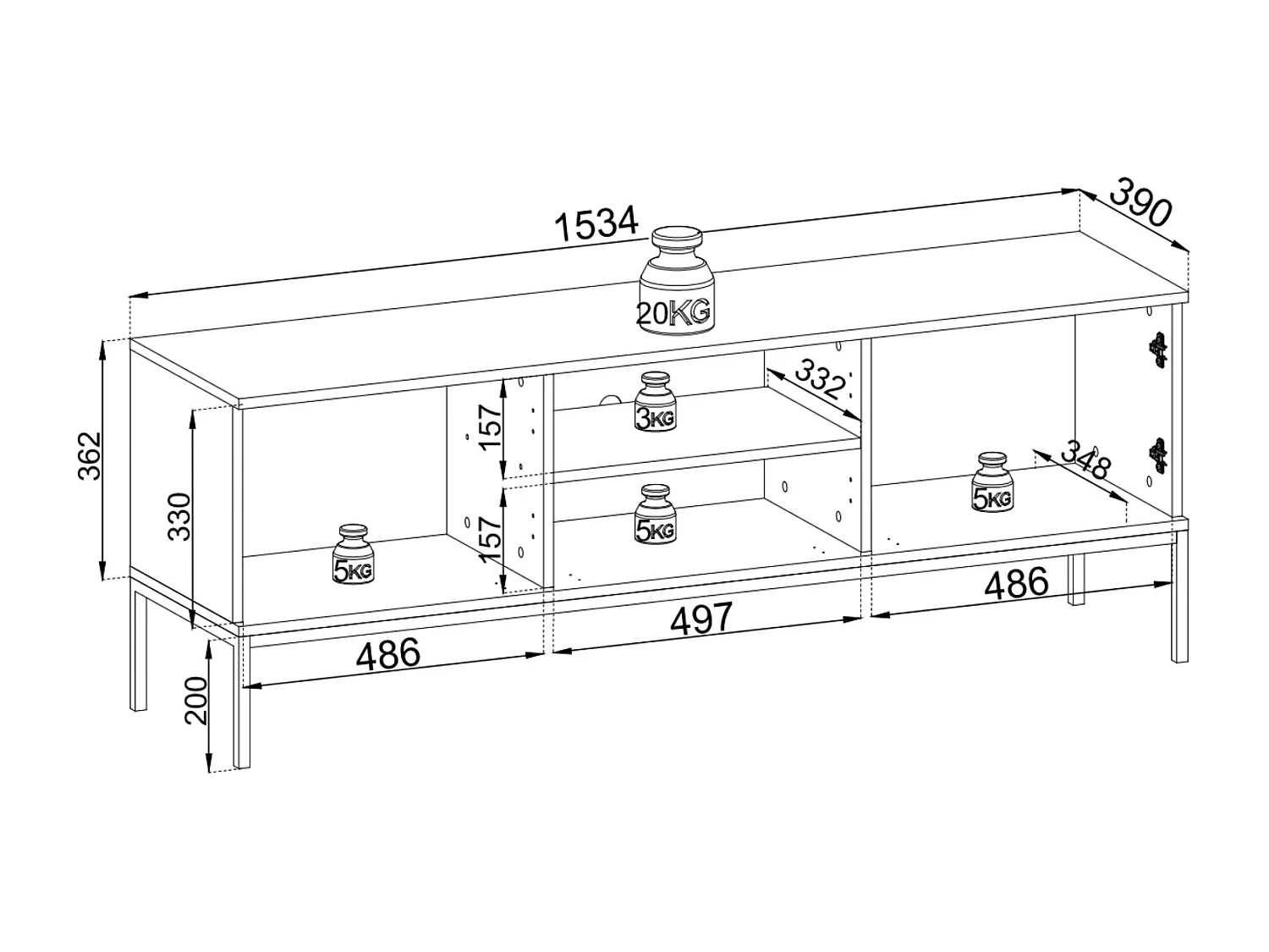 Moderne tv-standaard met gecanneleerde voorkant, 154×56×39 cm, zwart / Wotan eiken