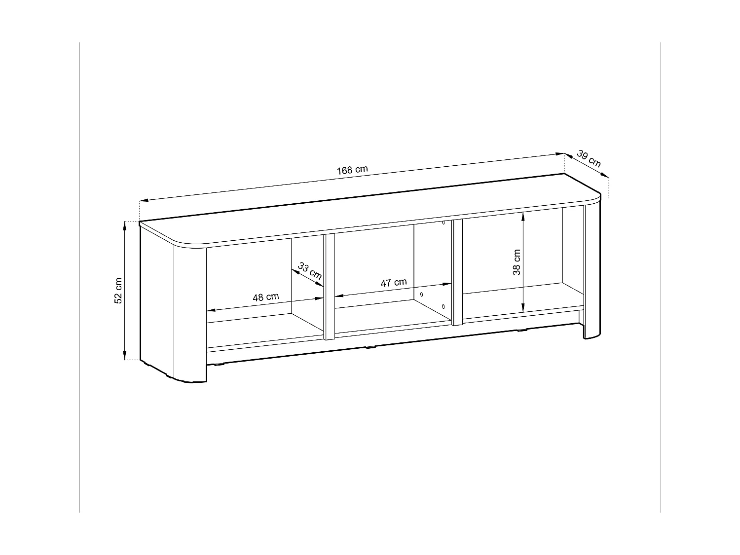 TV-meubel, Kasjmier, 168 x 39 x 52 cm | Modern meubel met afgeronde hoeken