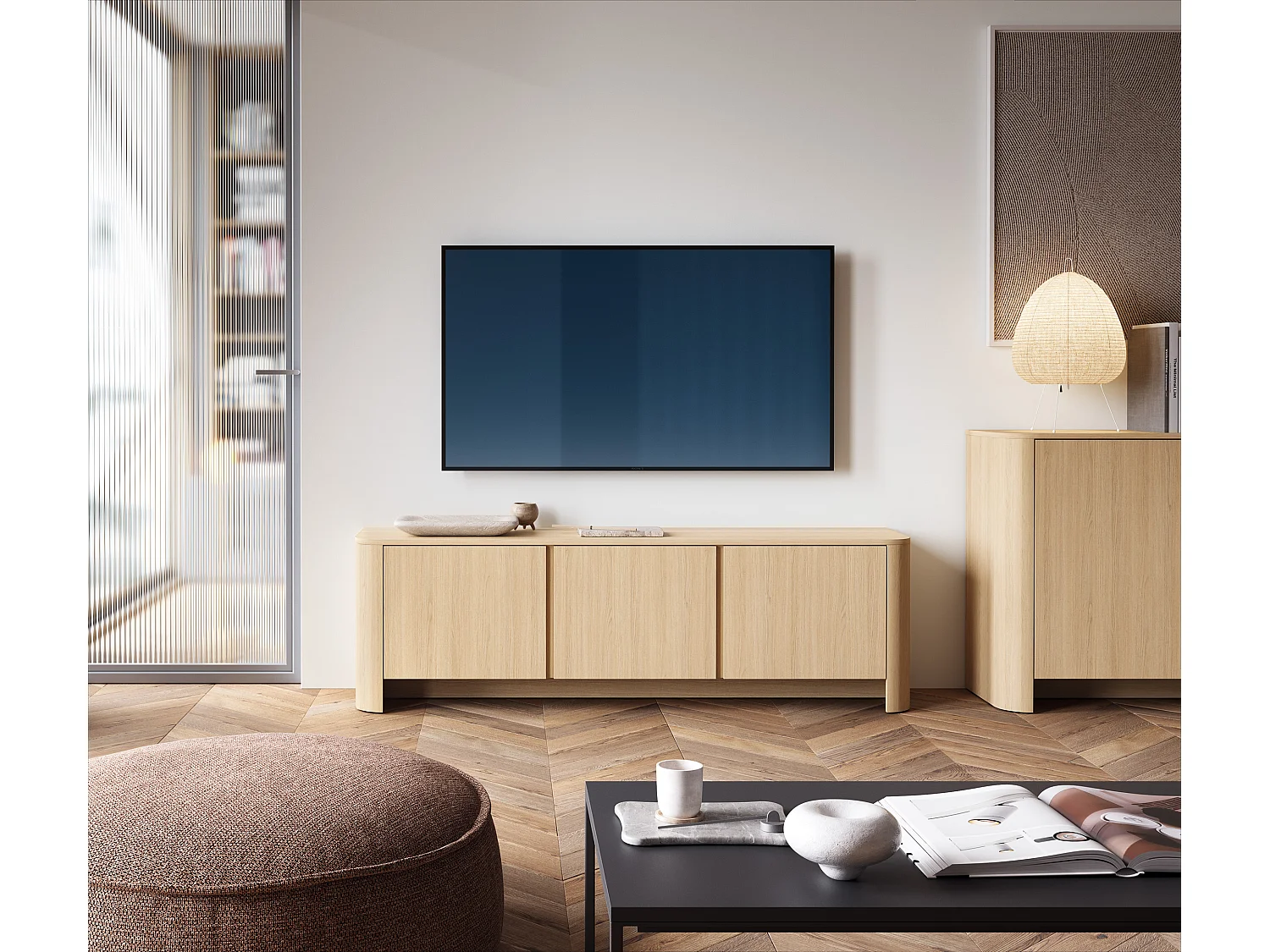 Meuble TV, Chêne Vicenza, 168 x 39 x 52 cm, Meuble moderne aux bords arrondis