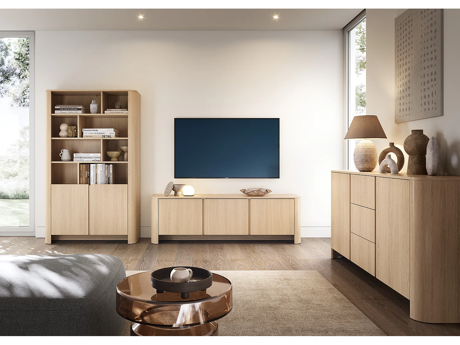 Meuble TV, Chêne Vicenza, 168 x 39 x 52 cm, Meuble moderne aux bords arrondis