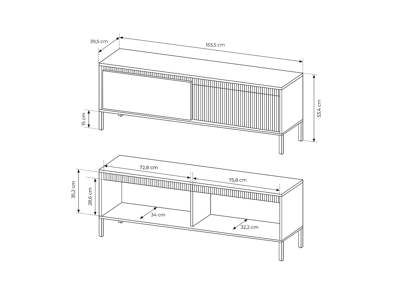 AX LIVING Trentinis 153 2D Schwarzes TV Board, 153,5 cm, geriffeltes