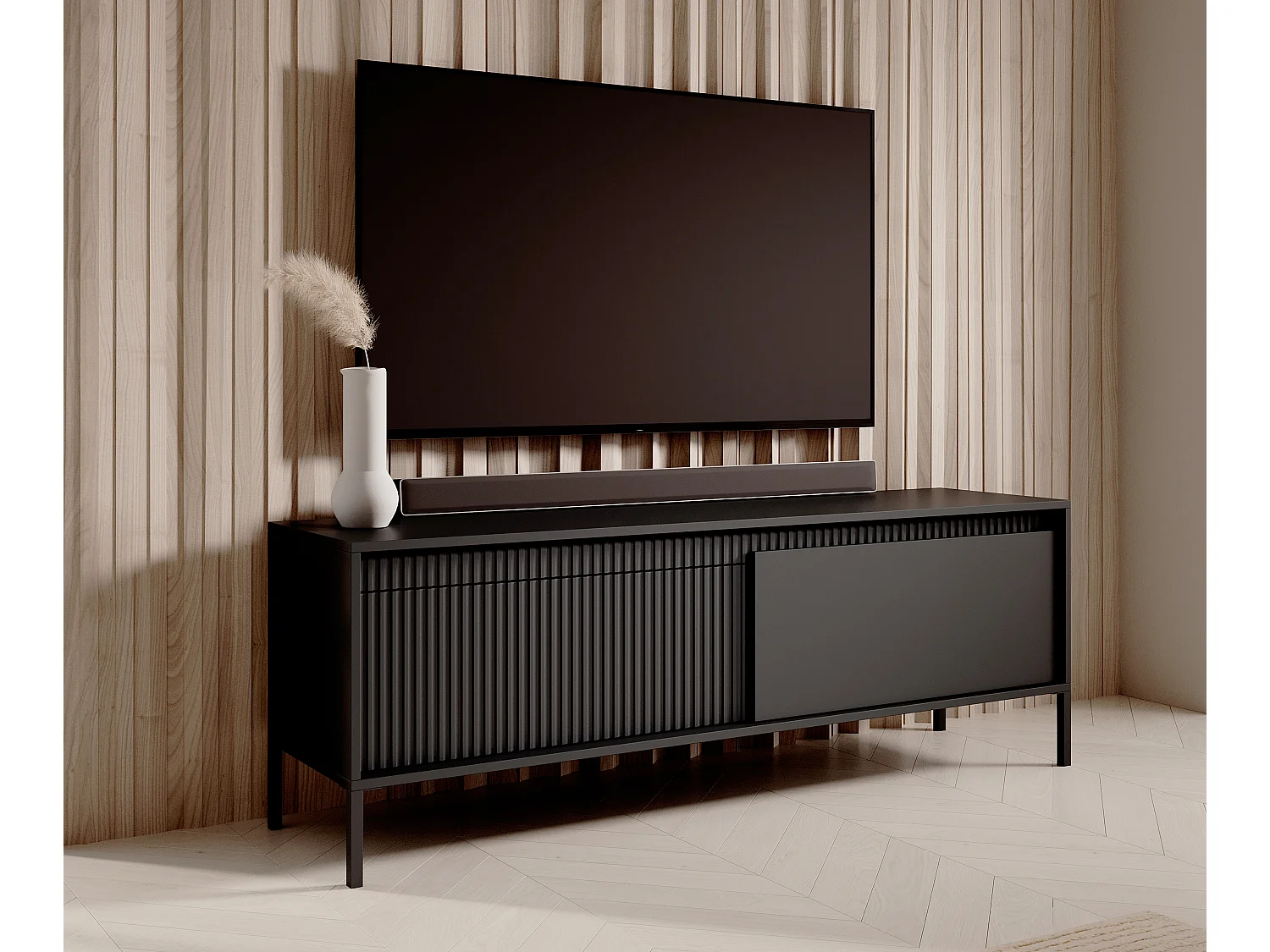 AX LIVING Meuble TV noir moderne Trentinis 153,5 cm avec façade rainurée