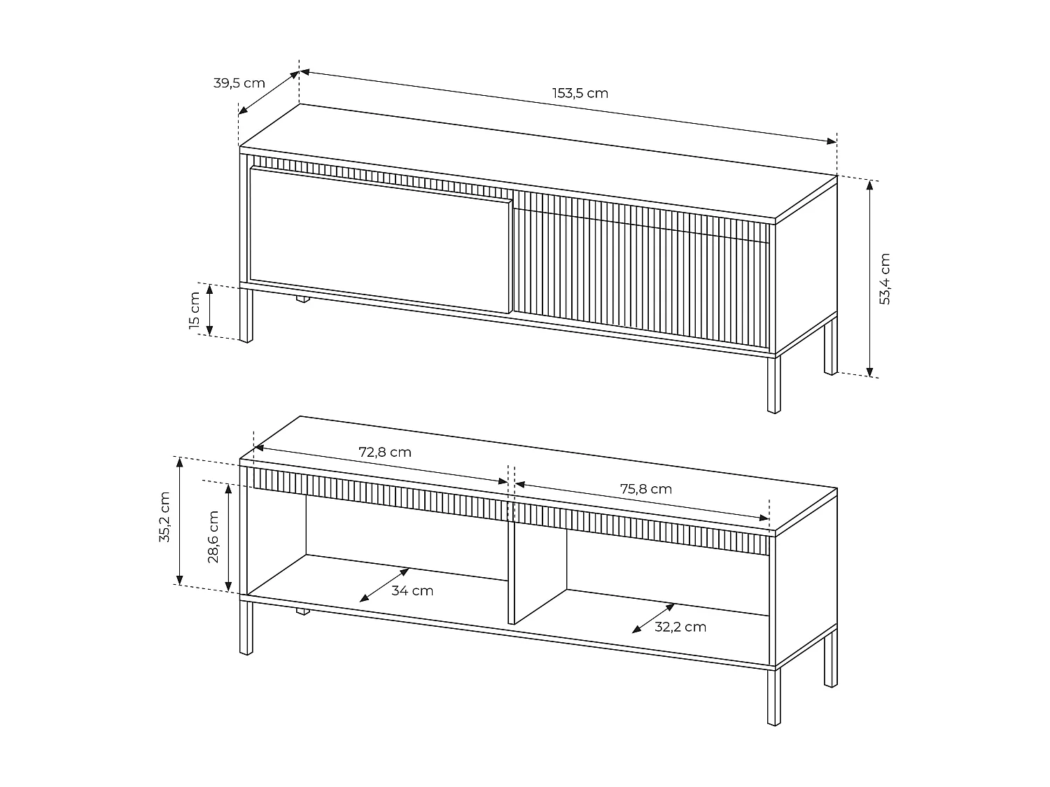 AX LIVING Meuble TV noir moderne Trentinis 153,5 cm avec façade rainurée