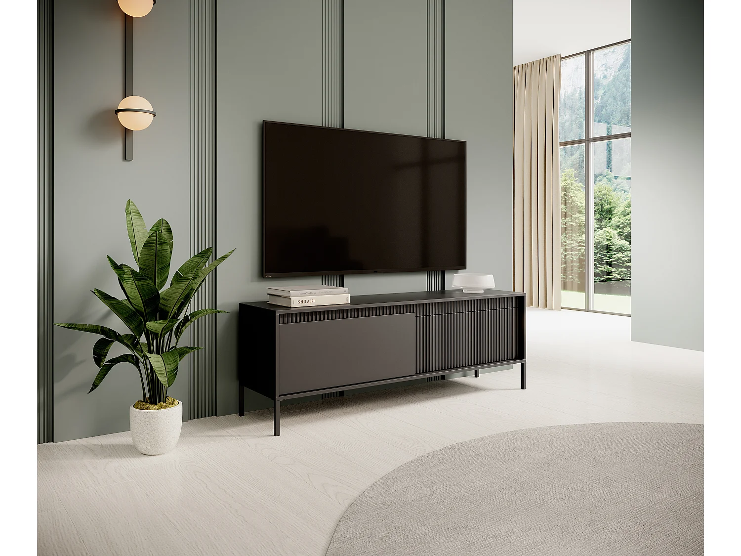 AX LIVING Meuble TV noir moderne Trentinis 153,5 cm avec façade rainurée