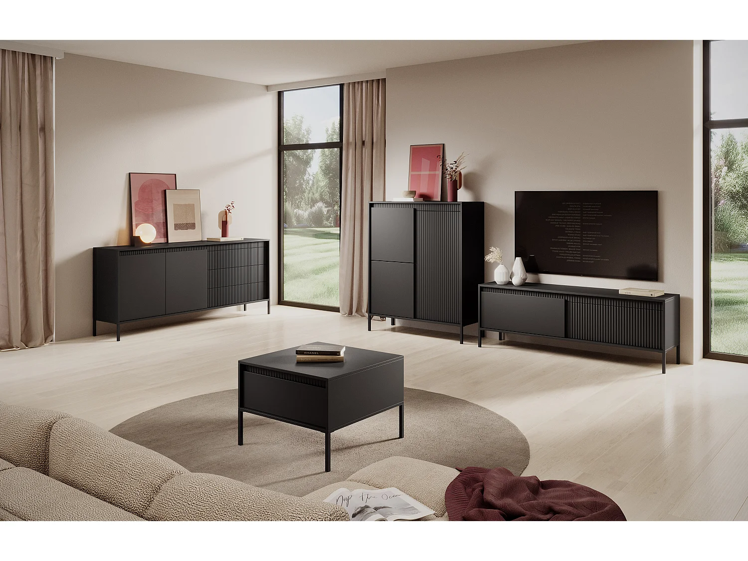 AX LIVING Meuble TV noir moderne Trentinis 153,5 cm avec façade rainurée