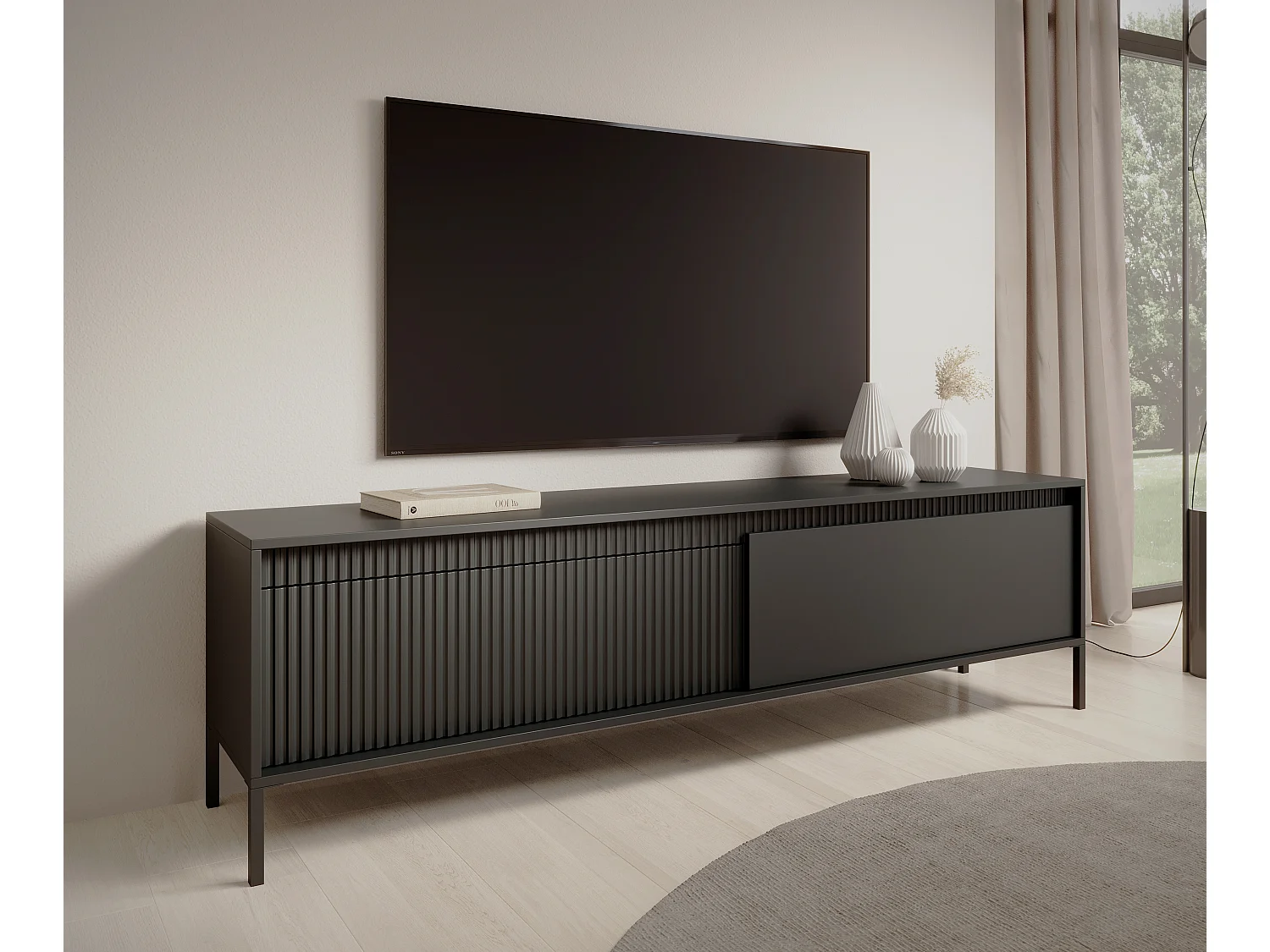 AX LIVING Meuble TV noir moderne Trentinis 187,1 cm avec façade rainurée