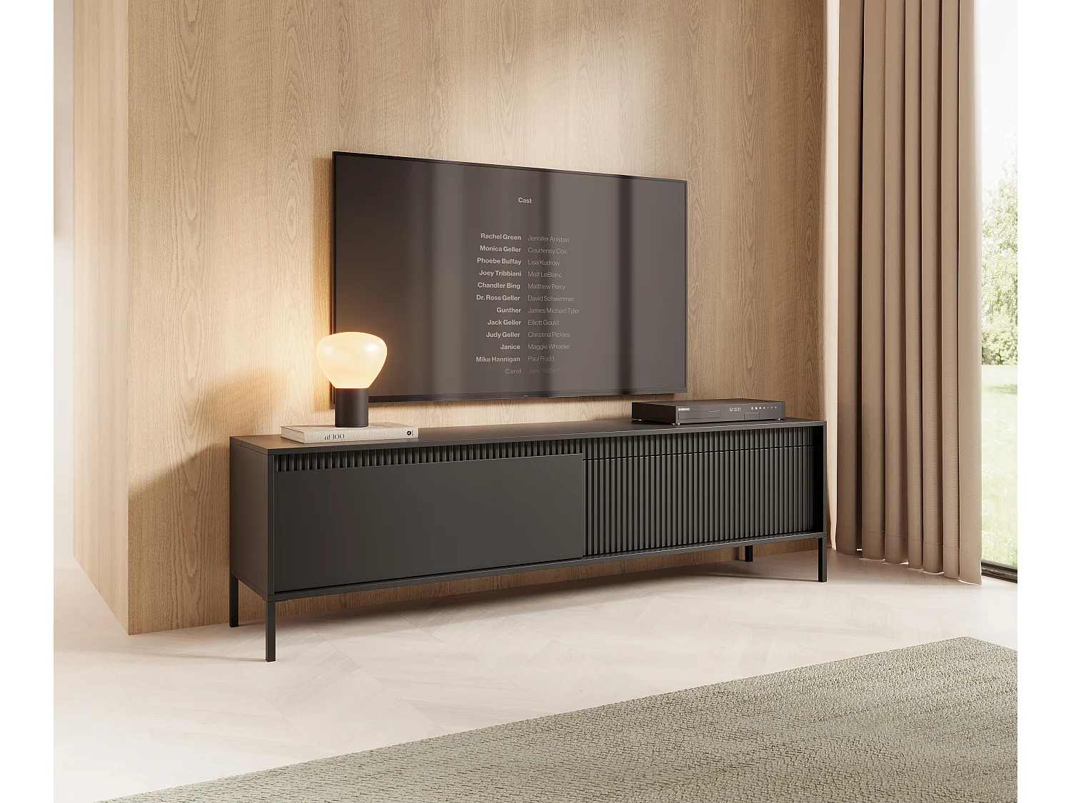 AX LIVING Meuble TV noir moderne Trentinis 187,1 cm avec façade rainurée