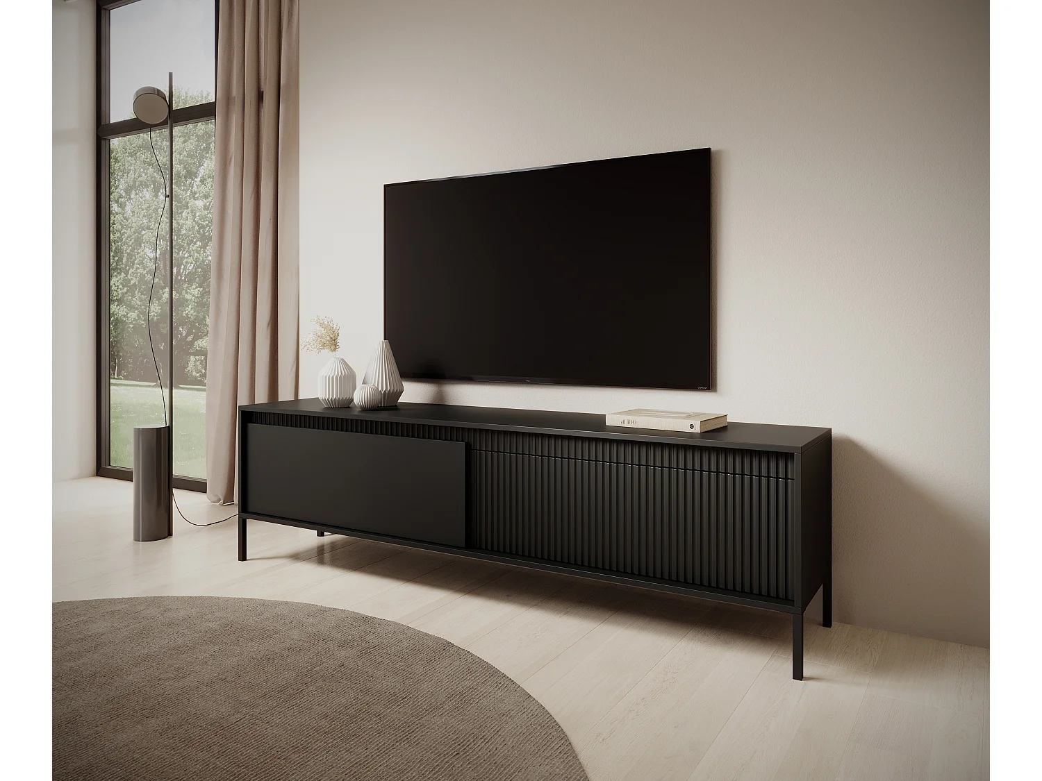 AX LIVING Meuble TV noir moderne Trentinis 187,1 cm avec façade rainurée