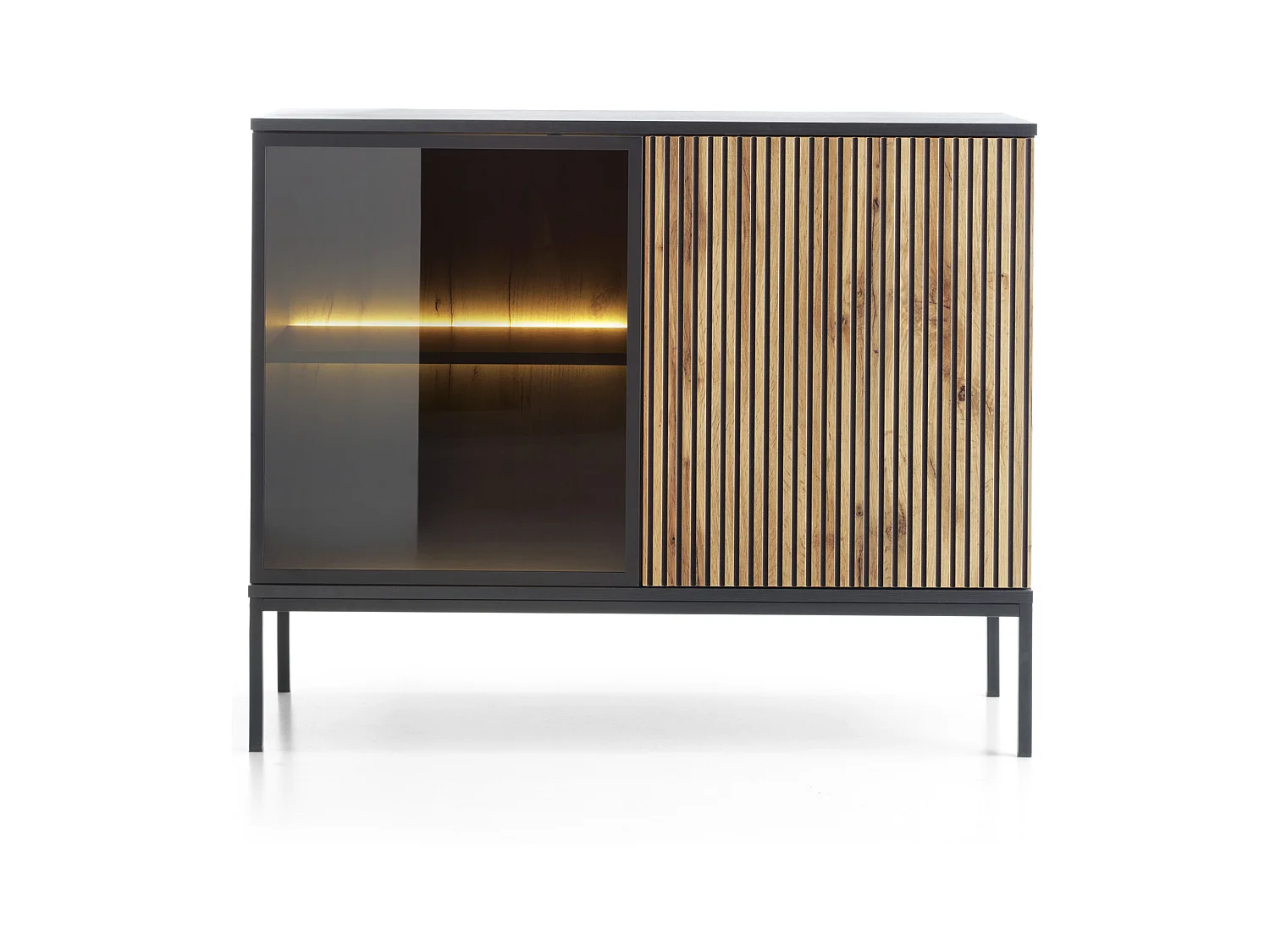 Commode étroite moderne à façade cannelée, 104 x 83 x 39 cm, chêne noir / Wotan
