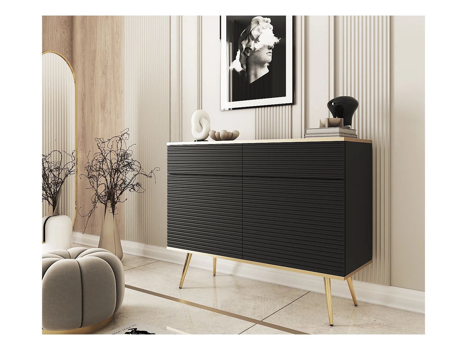 Glamouröses schwarzes Sideboard mit goldenen Beinen, 107 x 85 x 39