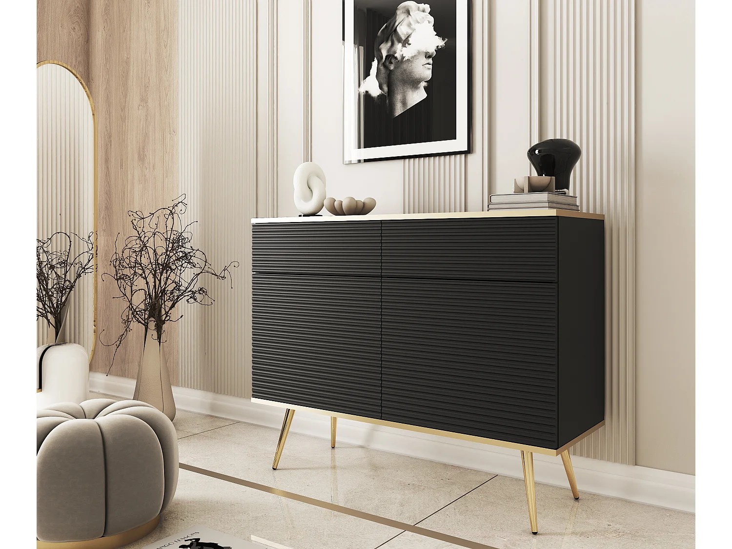 Buffet noir glamour avec pieds dorés, 107 x 85 x 39