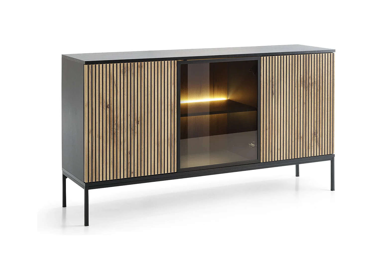 Cômoda ampla moderna com portas e frente canelada 154×83×39 cm, Preto / Carvalho Wotan