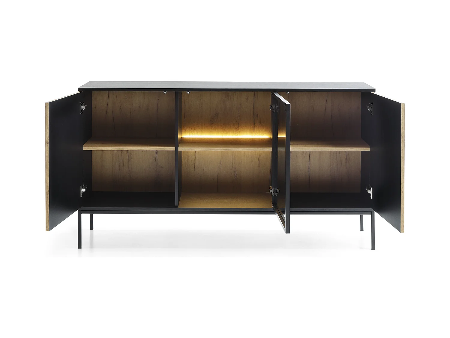 Cômoda ampla moderna com portas e frente canelada 154×83×39 cm, Preto / Carvalho Wotan