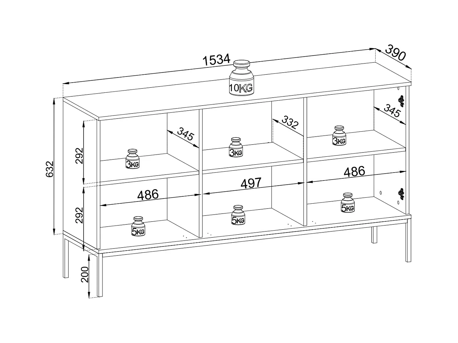 Cômoda ampla moderna com portas e frente canelada 154×83×39 cm, Preto / Carvalho Wotan