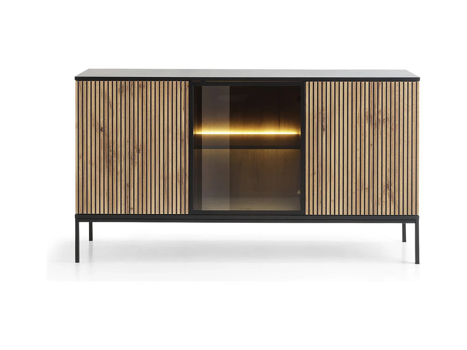 Moderne brede ladekast met deuren en gecanneleerde voorkant 154×83×39 cm, Zwart / Wotan Eiken