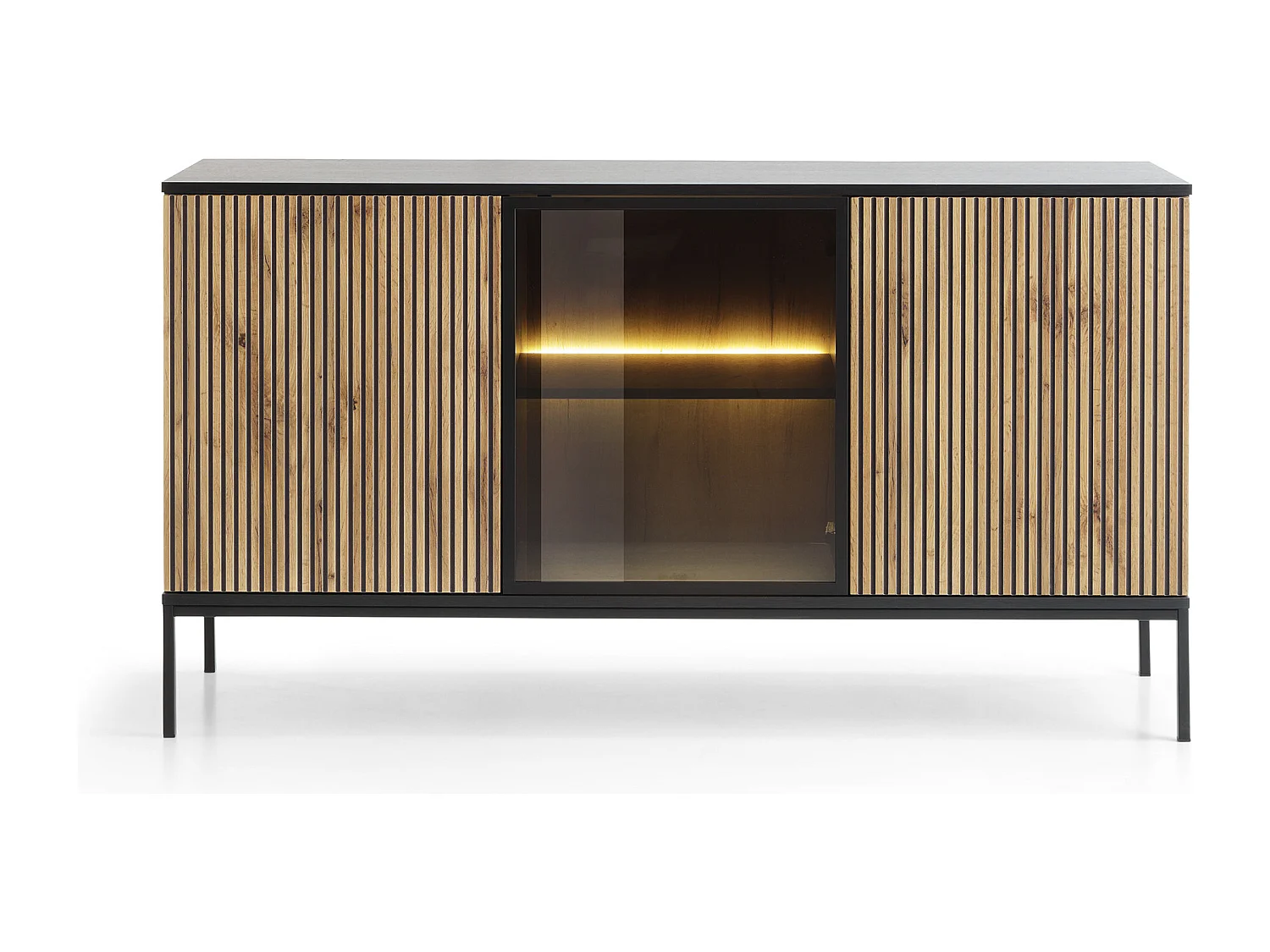 Commode large moderne avec portes et façade cannelée 154x83x39 cm, Noir / Chêne Wotan