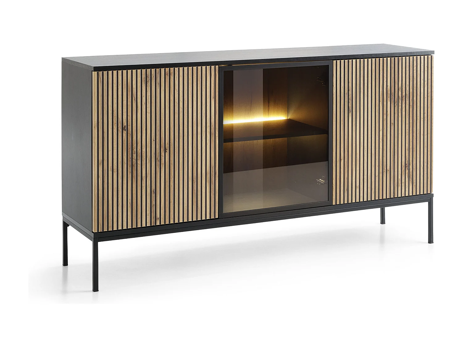 Commode large moderne avec portes et façade cannelée 154x83x39 cm, Noir / Chêne Wotan