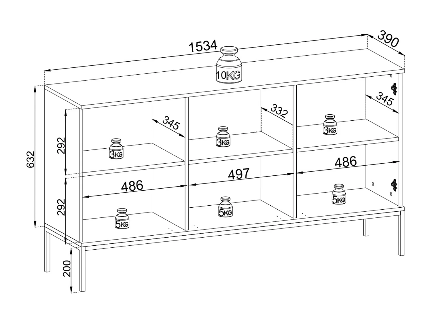 Commode large moderne avec portes et façade cannelée 154x83x39 cm, Noir / Chêne Wotan